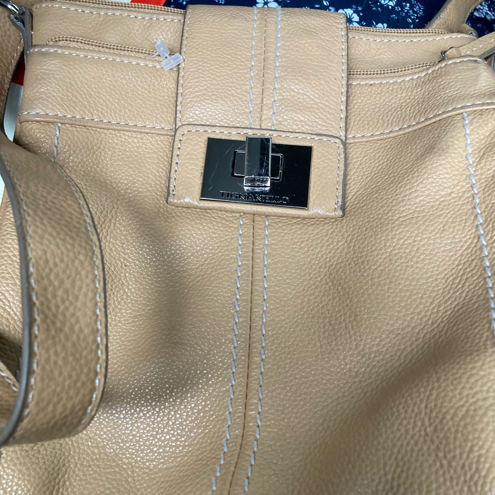 Tignanello Tan Pebbled Leather Shoulder Bag with Silver Turn-Lock